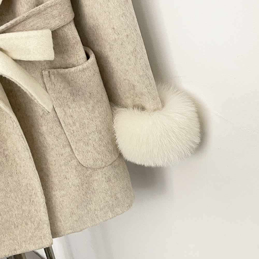 OFTBUY Belted Bow Pockets Winter Elegant Outerwear Jacket Female New Women's Wool Coat with Contrast Hood Real Fox Fur Cuffs