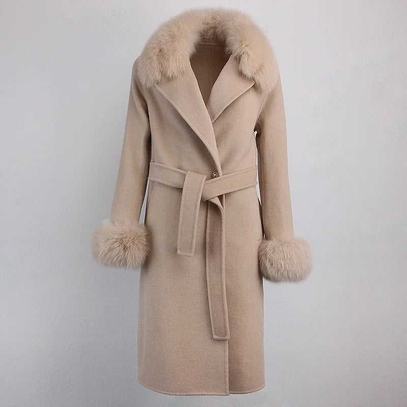 OFTBUY Winter Jacket Women Long Natural Wool Blends Cashmere Real Fur Coat Double Breasted Belt Warm Streetwear New Fashion
