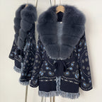 OFTBUY New Luxury Clothes Winter Outerwear Lady Women's Paisley Knit Cardigan with Real Fox Fur Trim Belted Sweater Coat Female
