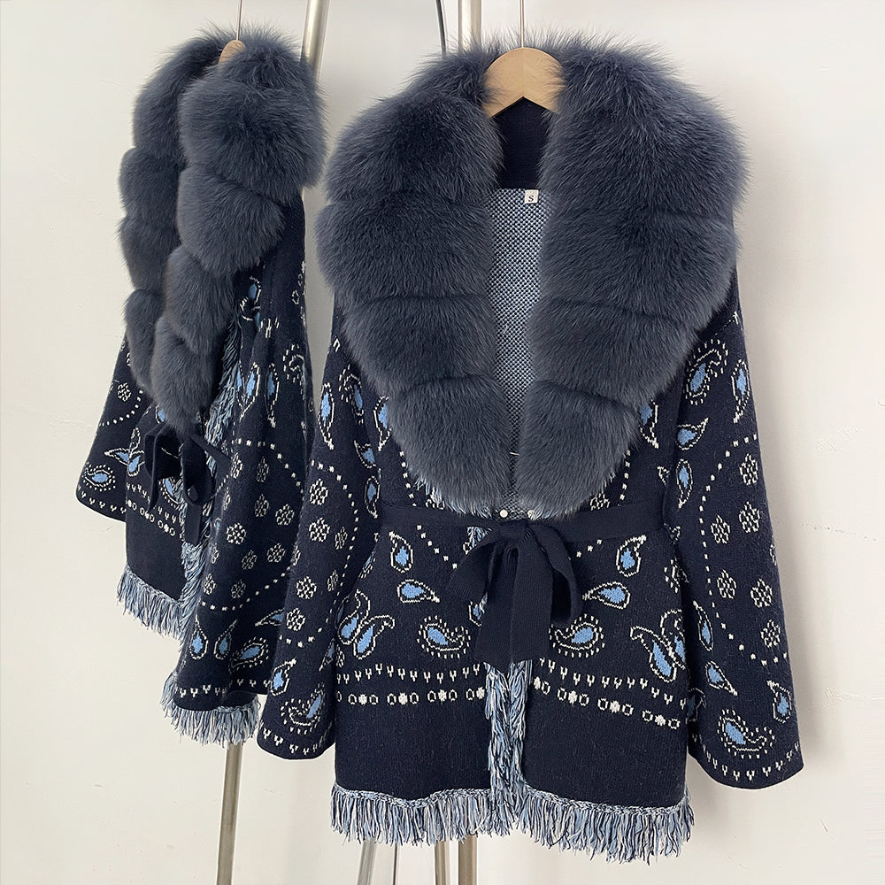 OFTBUY New Luxury Clothes Winter Outerwear Lady Women's Paisley Knit Cardigan with Real Fox Fur Trim Belted Sweater Coat Female