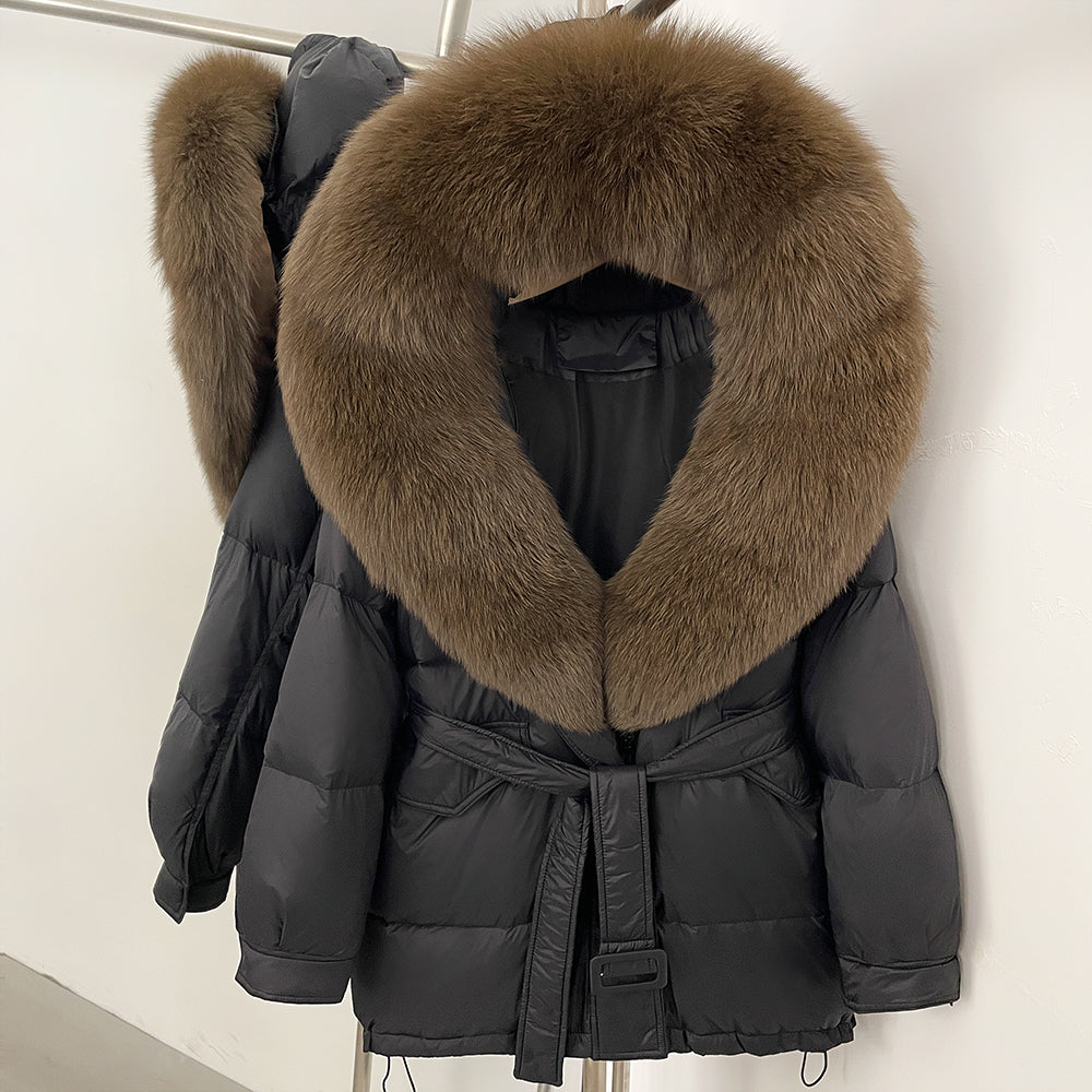 OFTBUY Thick Warm Mid-Long Puffer Coat Real Fox Fur Collar White Duck Down Coat Female Loose Warm Hooded Parkas With Belt