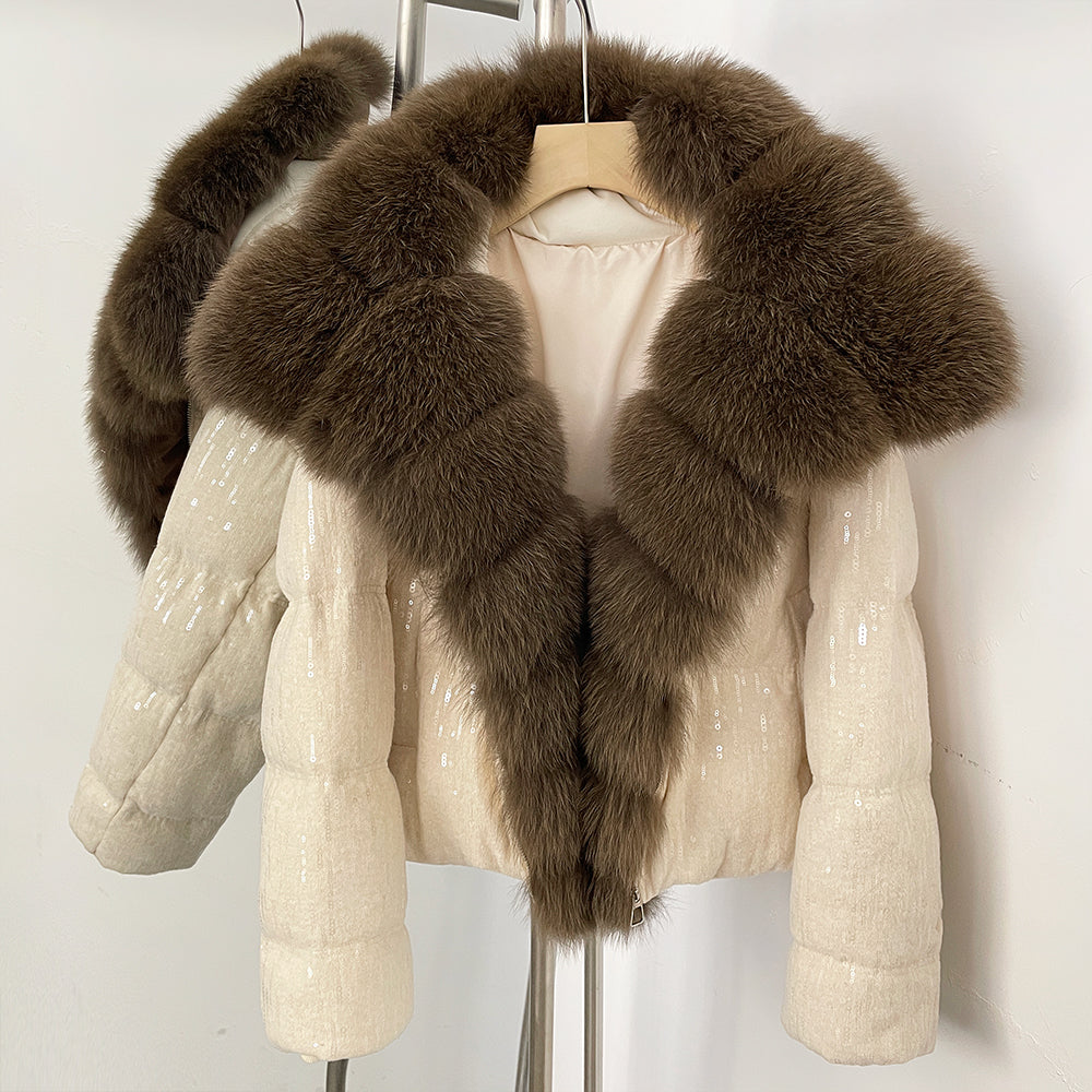 OFTBUY Sequined Duck Down Coat Female New Women's Short Puffer Jacket with Real Fox Fur Collar  Luxury Sparkly Winter Outerwear