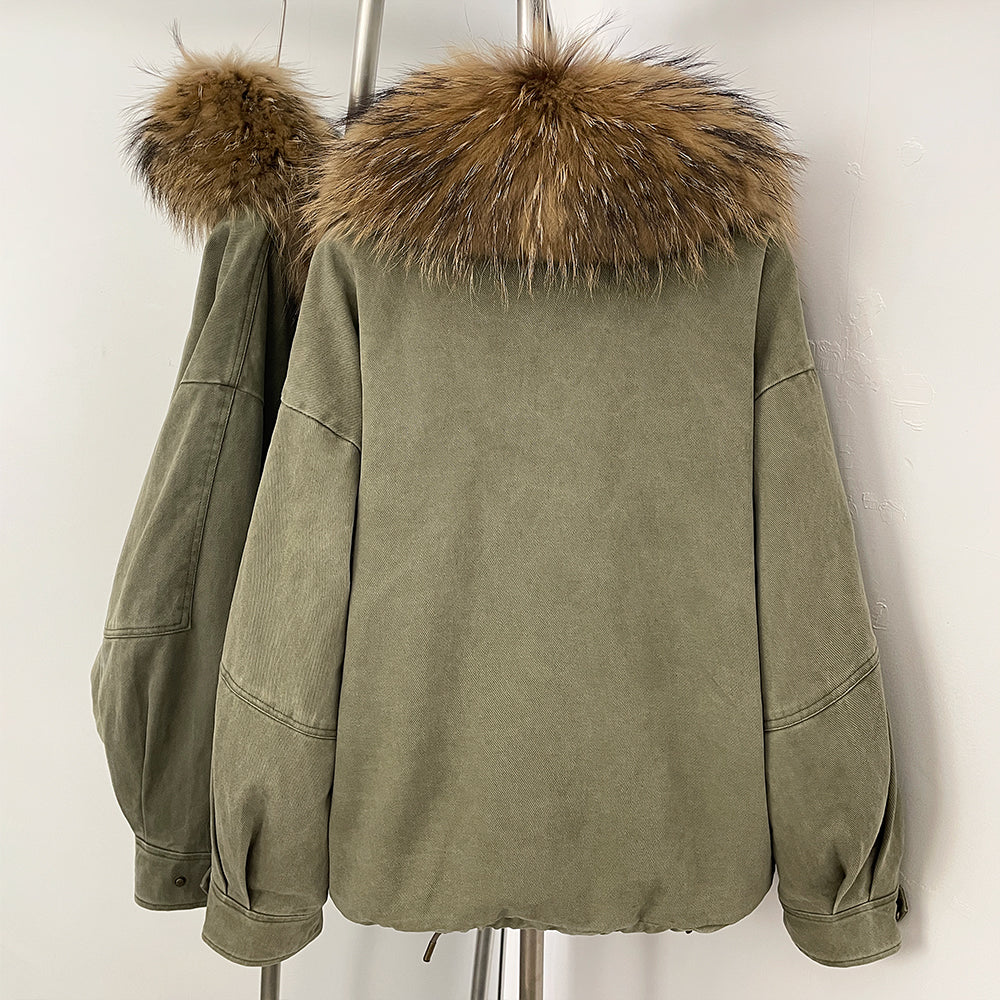 OFTBUY Loose Real Fox Fur Puffer Jacket Lady 100% Cotton Natural Fur Duck Down Coat Female New Winter Thick Warm Clothes Women