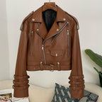 OFTBUY New Women's Genuine Leather Cropped Moto Jacket Crocodile Embossed Real Leather Biker Coat with Belt Punk Rock Outerwear