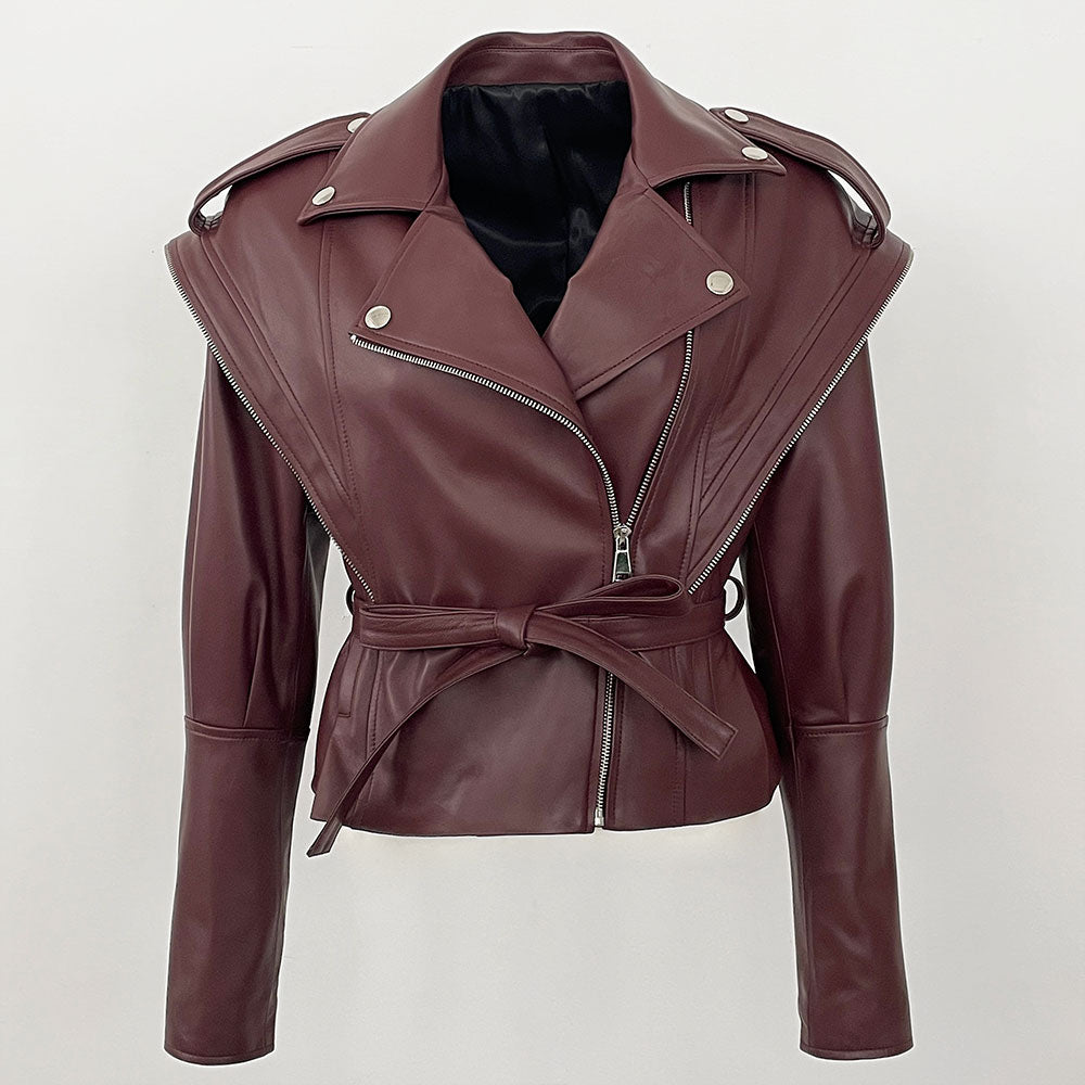 OFTBUY New Autumn Shoulder Leather Jackets Real Sheepskin Jacket Design Biker Leather Jacket Lady Genuine Leather Jacket Women