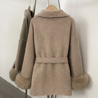 OFTBUY Belted Warm Winter Elegant Fashion Outerwear Wool Jacket Lady New Women's Double-Faced Wool Coat with Real Fox Fur Cuffs