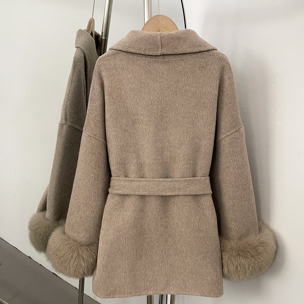 OFTBUY Belted Warm Winter Elegant Fashion Outerwear Wool Jacket Lady New Women's Double-Faced Wool Coat with Real Fox Fur Cuffs