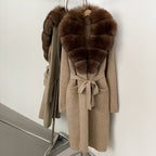 OFTBUY Women's Luxury Brown Knit Cardigan with Real Fox Fur Collar Belted Sweater Coat Female New Fashion Warm Winter Outerwear
