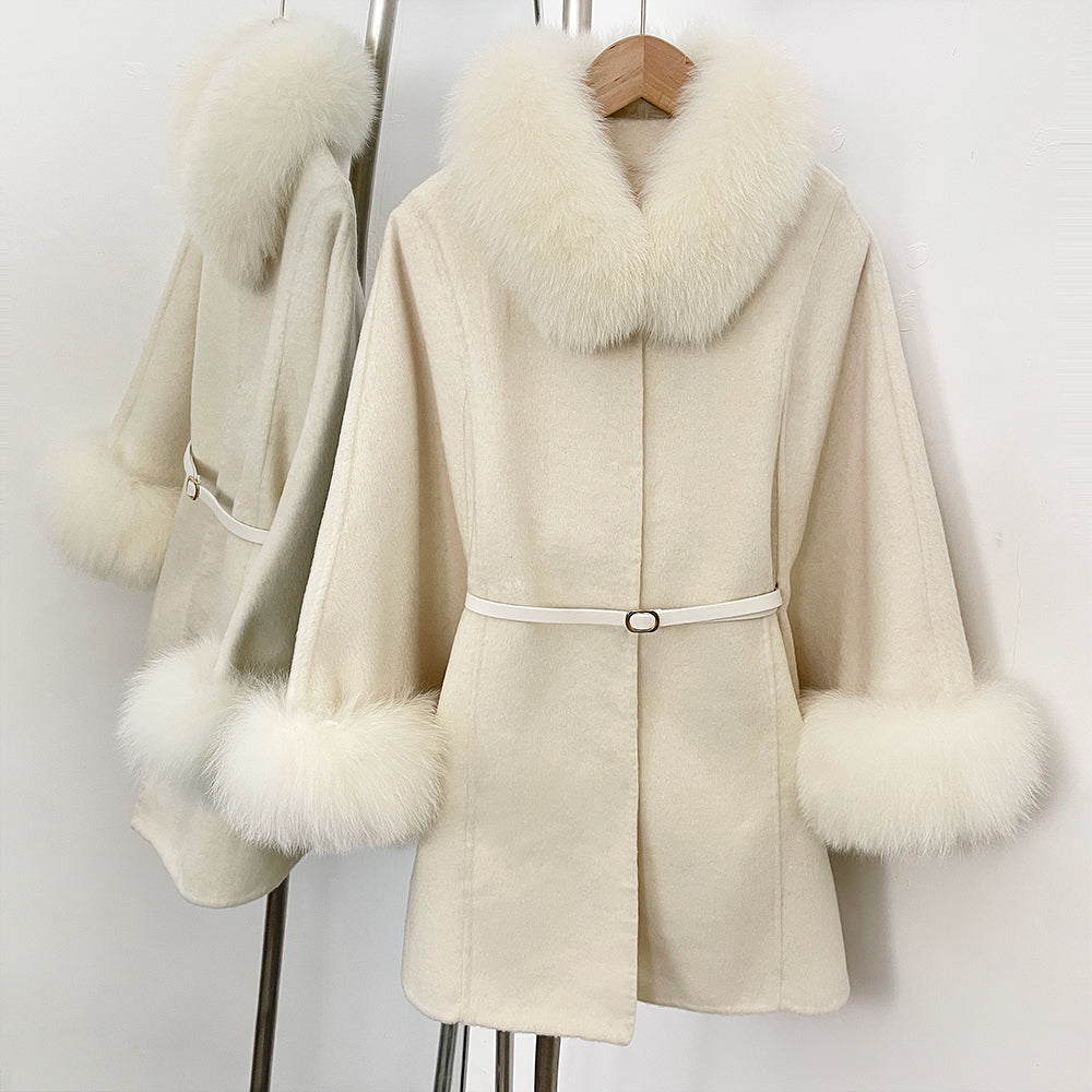 OFTBUY Belt Loose Cloak Natural Fur Woolen Jacket Real Fox Fur Collar and Cuffs Wool Coat Female New Autumn Winter Clothes Lady