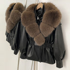 OFTBUY New Women's Faux Leather Jacket with Oversized Faux Fox Fur Elastic Waist Puff Sleeves Coat Luxury Warm Winter Outerwear