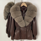 OFTBUY Women's Luxury Real Fox/Raccoon Fur Faux Leather Jacket Elastic Waist New Winter Coat Elegant PU Leather Outerwear Female
