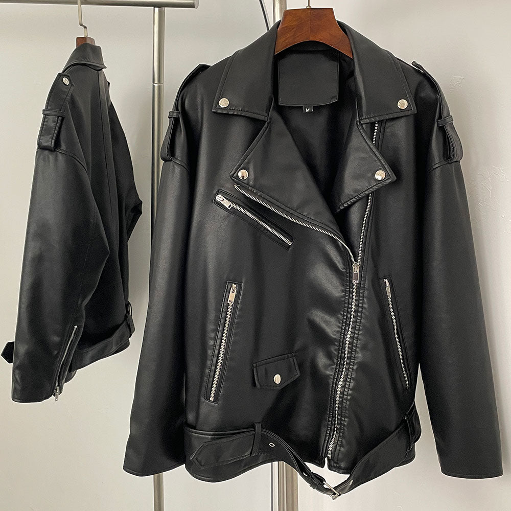 OFTBUY Women's Vintage Black Faux Leather Jacket with Waist Belt Lapel Collar PU Leather Coat Lady New Elegant Office Outerwear