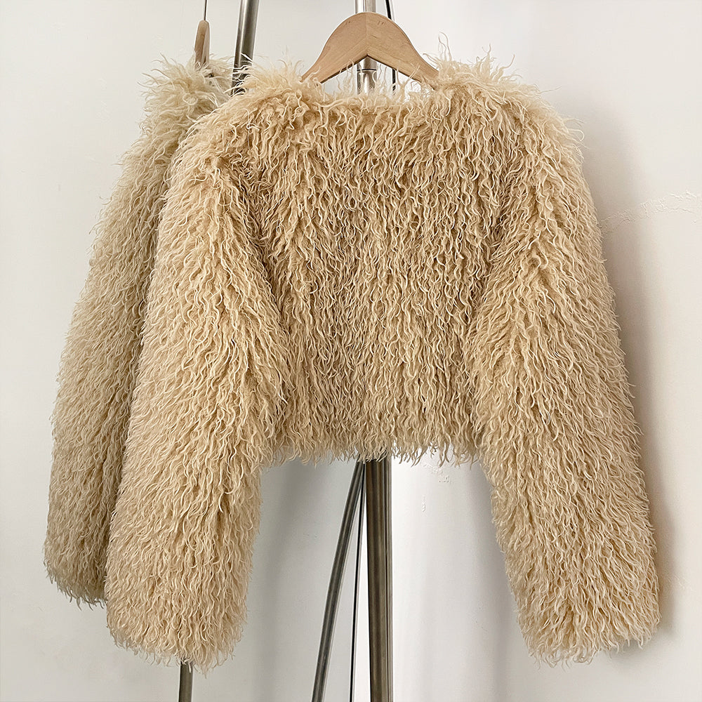 OFTBUY Faux Fur Coat for Women Fur Fluffy Autumn Short Fur Coat Eco-friendly Warm Female New Winter Jacket Long Sleeves O-neck