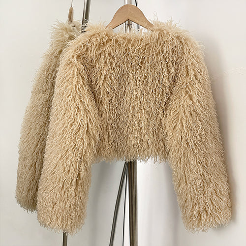 OFTBUY Faux Fur Coat for Women Fur Fluffy Autumn Short Fur Coat Eco-friendly Warm Female New Winter Jacket Long Sleeves O-neck