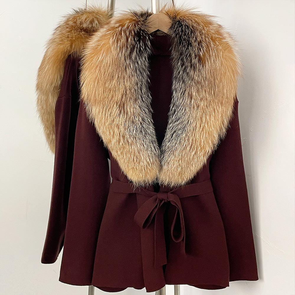OFTBUY New Autumn Winter Luxury Fashion Outerwear Lady Women's Knit Coat with Large Real Fox Fur Collar Belt Textured Knit Warm