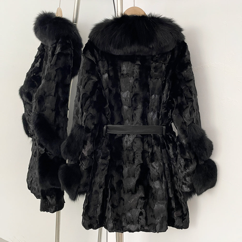 OFTBUY New Winter Thickened Warm Clothes Female Mid-length Leather Belt Real Mink Fur Coat Women Black Natural Fox Fur Jacket