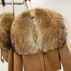 OFTBUY Luxury Suede Jacket with Real Rabbit Fur Lining & Oversized Fox/Raccoon Fur Collar