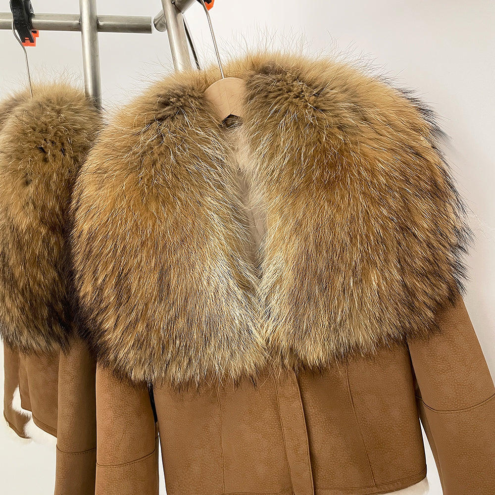 OFTBUY Luxury Suede Jacket with Real Rabbit Fur Lining & Oversized Fox/Raccoon Fur Collar