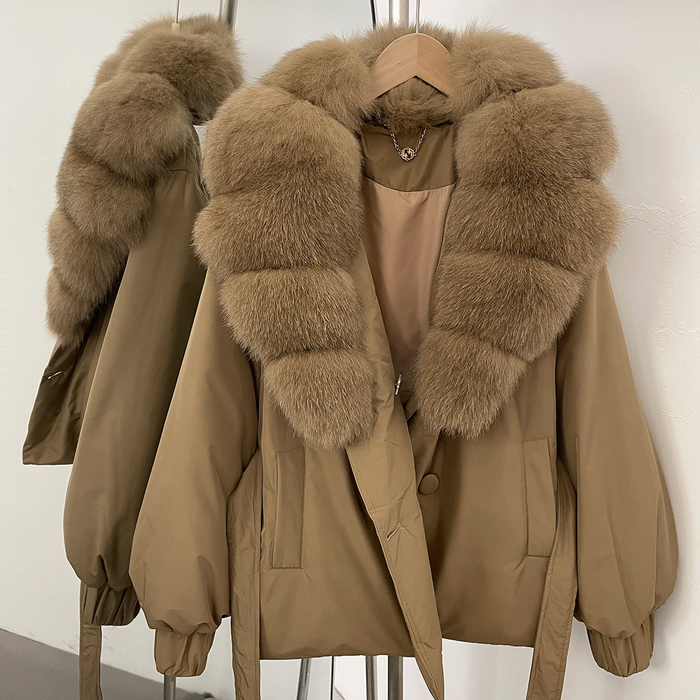 OFTBUY Winter Warm Women Real duck Down Jackets Natural Real Fox Fur Collar Puffer Jackets Belt Female Outwear Coats Hot Sale