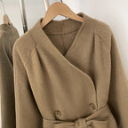 OFTBUY New Women's Wool Coat with Real Fox Fur Cuffs Double Breasted Belted Bow Pockets Warm Winter Elegant Fashion Outerwear