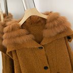 OFTBUY Sweater Femlae Button Pockets Warm Winter Luxury Outerwear New Women's Knit Cardigan with Large Real Fox Fur Collar