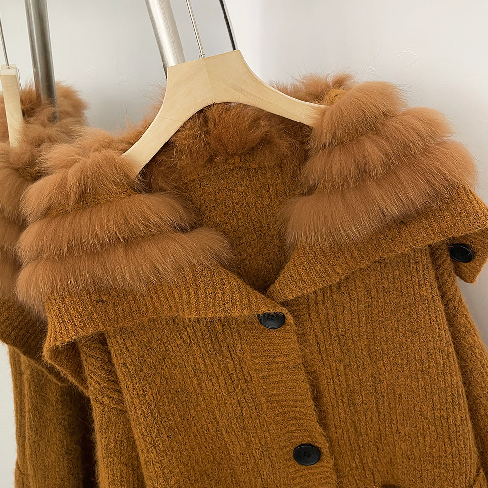 OFTBUY Sweater Femlae Button Pockets Warm Winter Luxury Outerwear New Women's Knit Cardigan with Large Real Fox Fur Collar