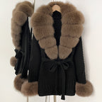 OFTBUY Belted Waist Striped Texture Pockets New Women's Knit Coat with Large Real Fox Fur Collar Winter Luxury Elegant Outerwear