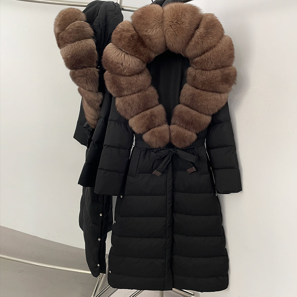 OFTBUY Hooded Winter White Duck Down Coat Large Real Fox Fur Collar X-Long Puffer Jacket Women Thick Female Parkas With Belt