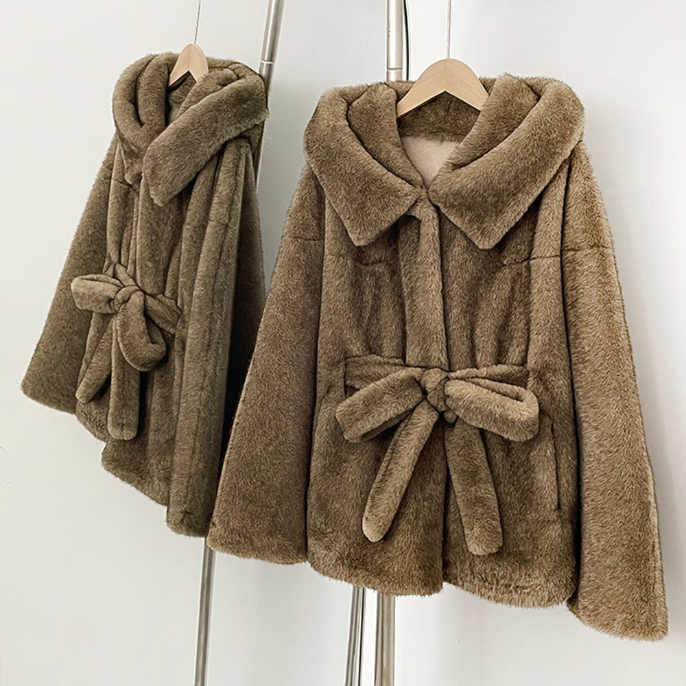 OFTBUY Wholesale Hooded Belt Faux Fur Coat Female Thickened Warm Fluffy Fake Fur Jacket Women New Winter Long Sleeve Fur Clothes Female