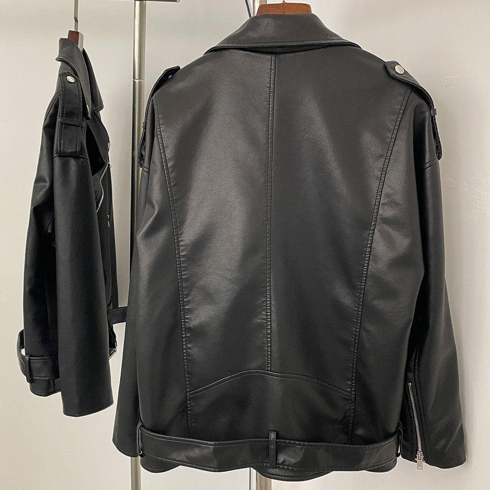 OFTBUY Women's Vintage Black Faux Leather Jacket with Waist Belt Lapel Collar PU Leather Coat Lady New Elegant Office Outerwear