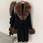 OFTBUY New Cardigan Autumn Winter Long Knit Clothing Women Loose Warm Belt Sweater Jacket with Real Fox Fur Collar and Cuffs