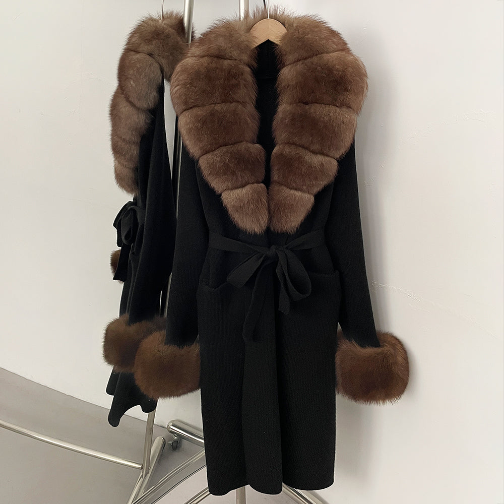 OFTBUY New Cardigan Autumn Winter Long Knit Clothing Women Loose Warm Belt Sweater Jacket with Real Fox Fur Collar and Cuffs