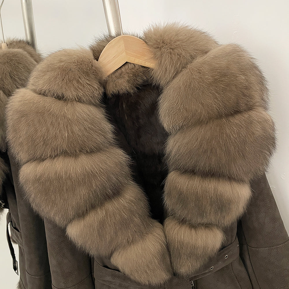 OFTBUY Belt Suede Jacket Women New Autumn Winter Real Fox Fur Collar Clothes Female Thick Warm Natural Rabbit Fur Lining Coat