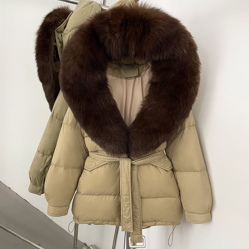 OFTBUY Thick Warm Mid-Long Puffer Coat Real Fox Fur Collar White Duck Down Coat Female Loose Warm Hooded Parkas With Belt