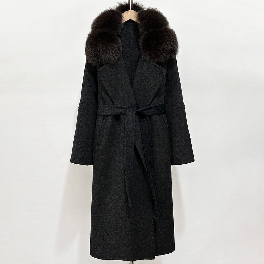 OFTBUY Belted Long Warm Winter Elegant Fashion Outerwear New Women's Double-Faced Wool Coat with Real Fox Fur Collar