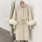 OFTBUY New Autumn Winter Knitted Sleeves Woolen Clothes Women High Collar Belt Real Fox Fur Wool Coat Female Alpaca Loose Jacket