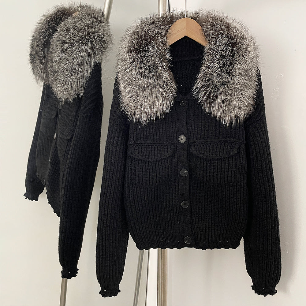 OFTBUY Short Natural Fox Fur Collar Knitted Sweater Coat FemaleReal Fur Clothing New Autumn Winter Knitting Cardigan Women