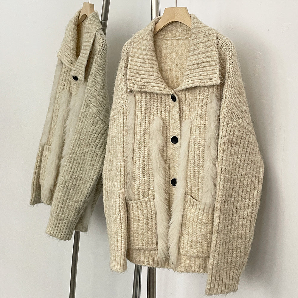 OFTBUY New Fashion Spring Autumn Loose Sweater Female Real Fox Fur Cardigan Clothing Women Button Oversized Knitted Jacket Lady