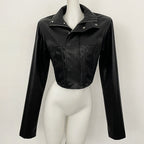 OFTBUY New Women's Faux Leather Cropped Jacket Stand Collar Asymmetric Hem Closure Streetwear Fashion Outerwear Clothing Female