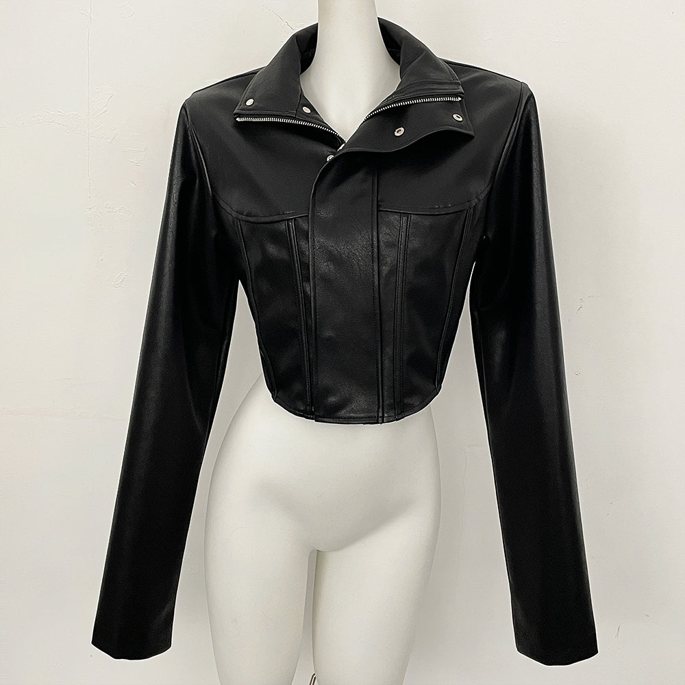 OFTBUY New Women's Faux Leather Cropped Jacket Stand Collar Asymmetric Hem Closure Streetwear Fashion Outerwear Clothing Female