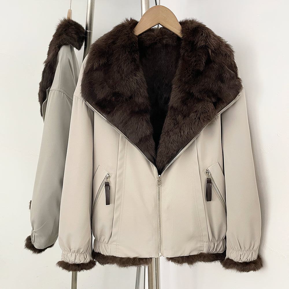  Muted cream beige reversible utility jacket with plush fox fur collar and rabbit fur interior