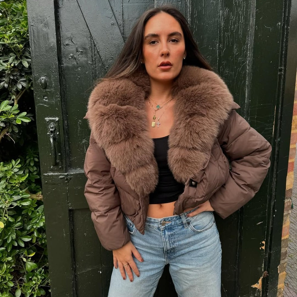 OFTBUY Luxury Cropped Puffer Jacket with Massive Real Fox Fur Collar - Premium 90% Duck Down Winter Coat