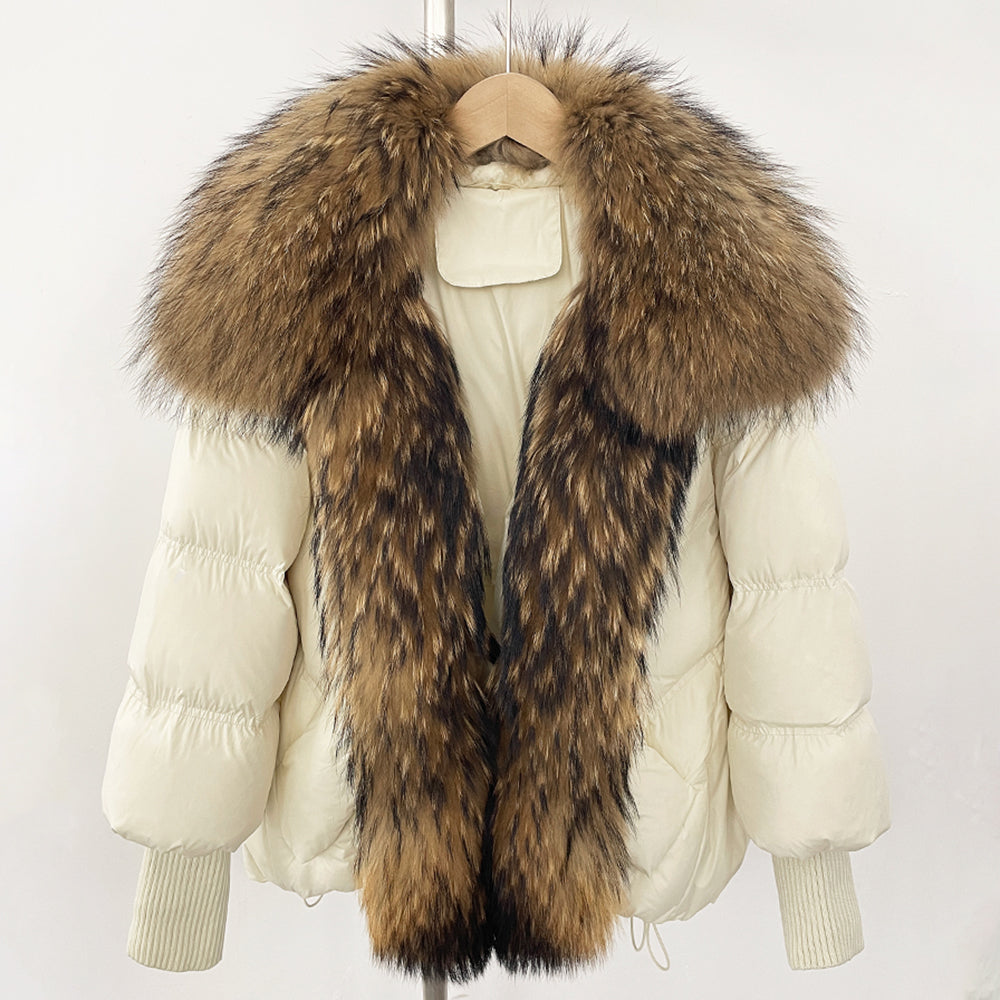 OFTBUY New Winter Large Real Raccoon Fur Puffer Coat Women Knit Sleeve White Duck Down Jacket Female Oversize Feather Down Parka