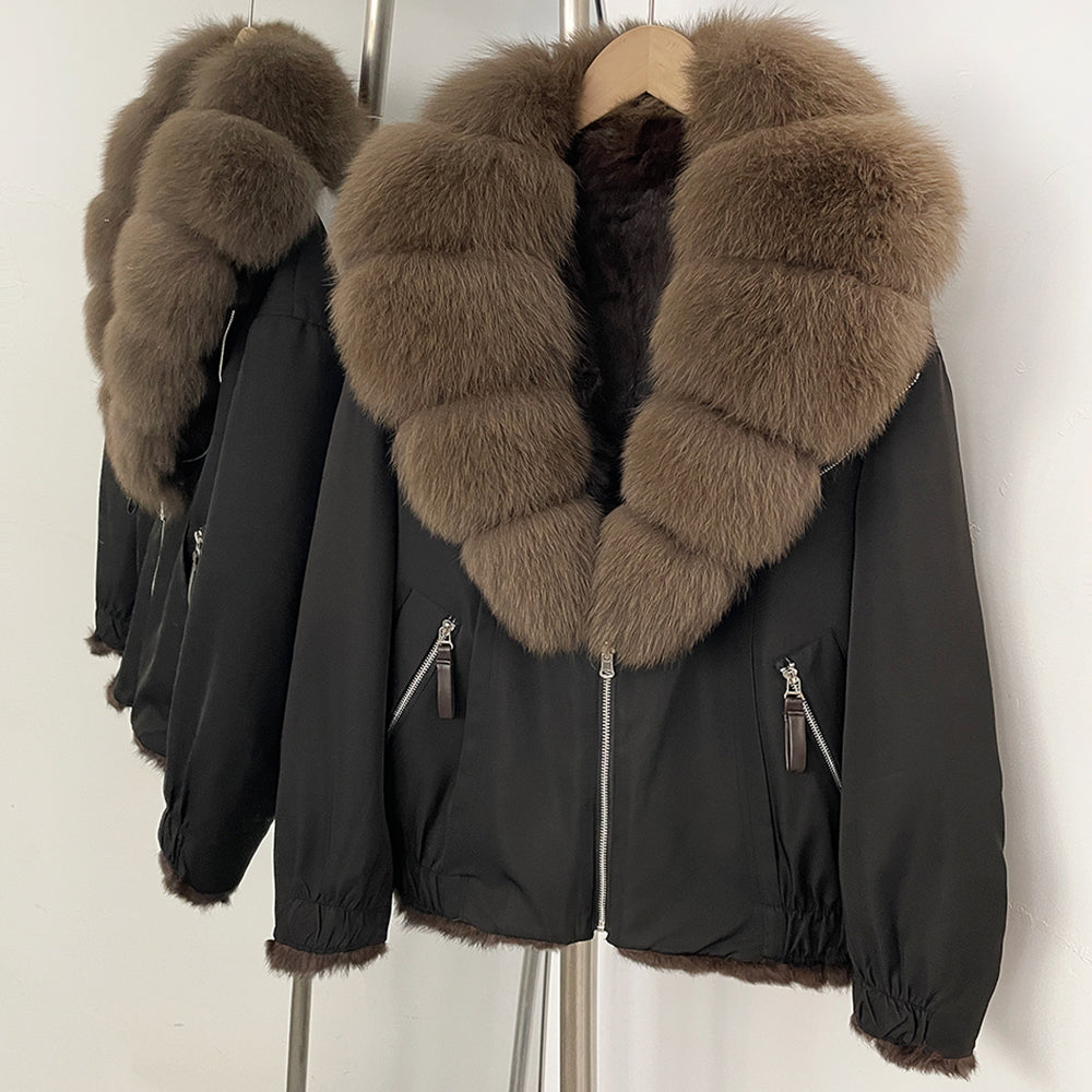 OFTBUY Luxury Real Fox Fur Collar Parka - Premium Real Rabbit Fur Lined Bomber Jacket for Extreme Cold