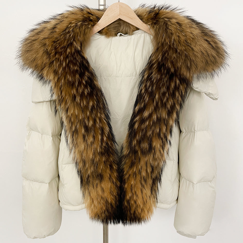 OFTBUY Ultra-Luxury 90% Duck Down Puffer Jacket with Oversized Real Fox & Raccoon Fur Collar
