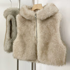 OFTBUY New Women's Faux Fur Hooded Sleeveless Vest Coat Zipper Soft Fluffy Warm Winter Fashion Outerwear Fake Fur Jacket Female