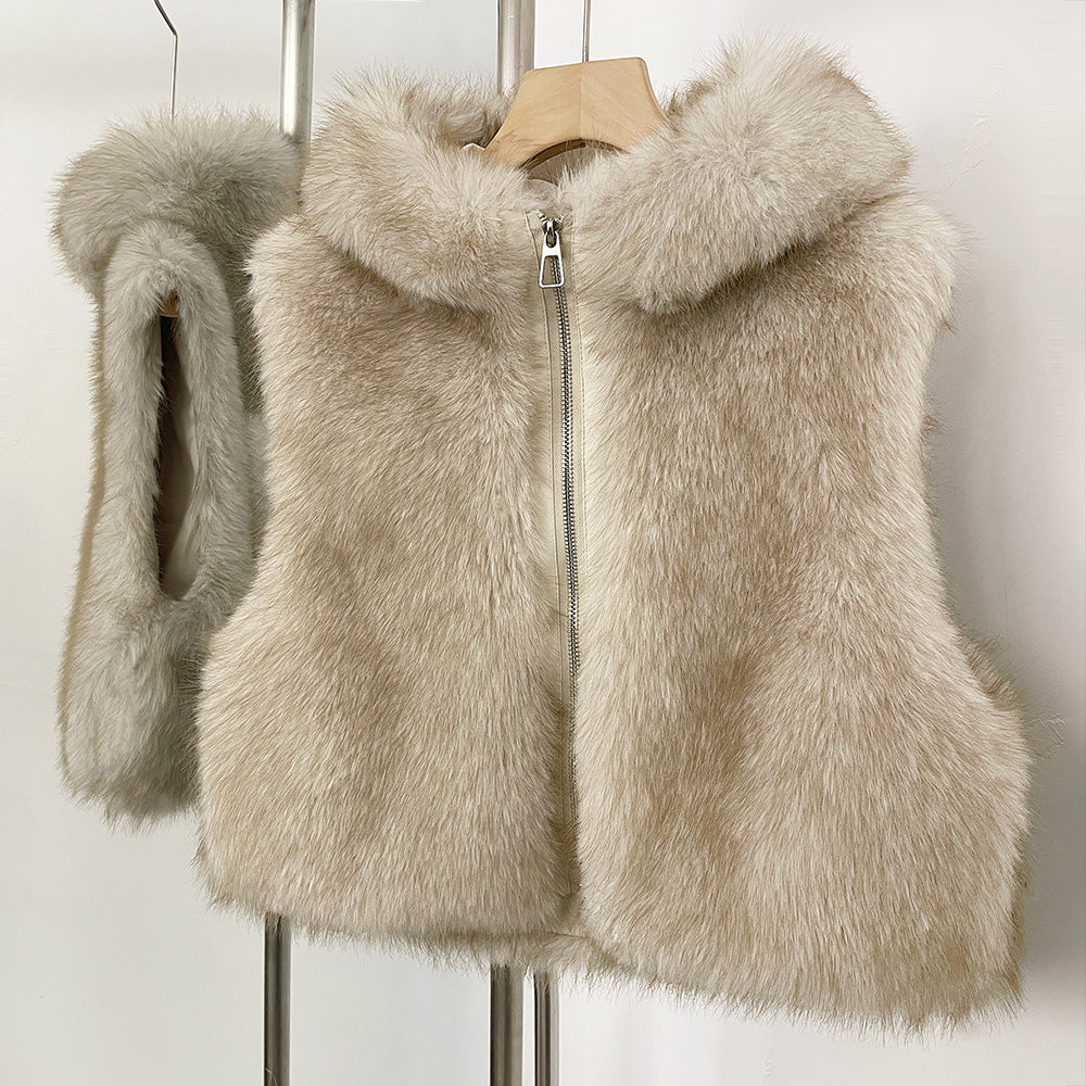 OFTBUY New Women's Faux Fur Hooded Sleeveless Vest Coat Zipper Soft Fluffy Warm Winter Fashion Outerwear Fake Fur Jacket Female