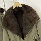 OFTBUY Reversible Real Rabbit Fur Lined Short Bomber Jacket - Oversized Wide Genuine Fox Fur Collar Windproof Outer Shell Winter Coat