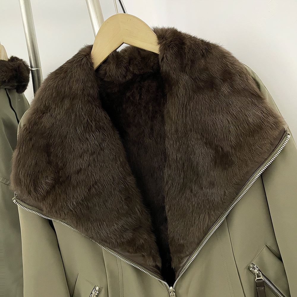 OFTBUY Reversible Real Rabbit Fur Lined Short Bomber Jacket - Oversized Wide Genuine Fox Fur Collar Windproof Outer Shell Winter Coat
