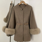 OFTBUY Belt Loose Cloak Natural Fur Woolen Jacket Real Fox Fur Collar and Cuffs Wool Coat Female New Autumn Winter Clothes Lady